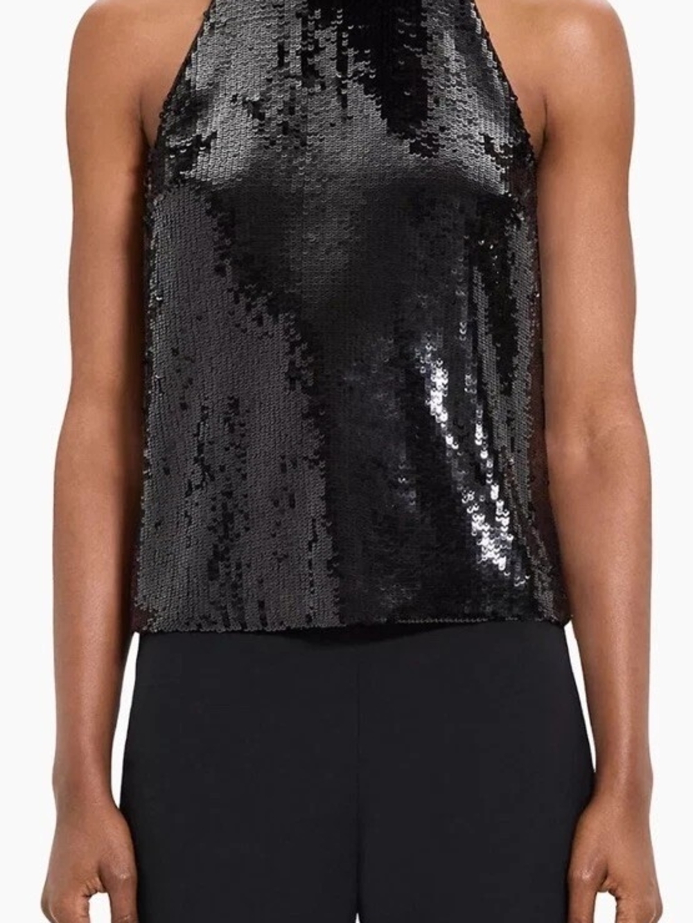 Theory Fluid Black Sequin Sleeveless Mock  Neck Halter Tank Top - Size: M -  NWT